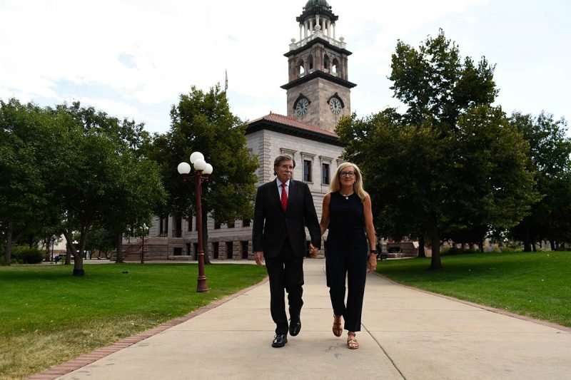 Chester and Mimi Wheeler walk outside the Pioneers Museum in Colorado Springs.